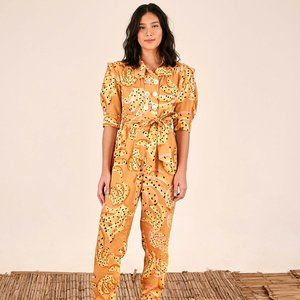 FARM Rio Caramel Raining Bananas Puff Sleeves Jumpsuit, size medium